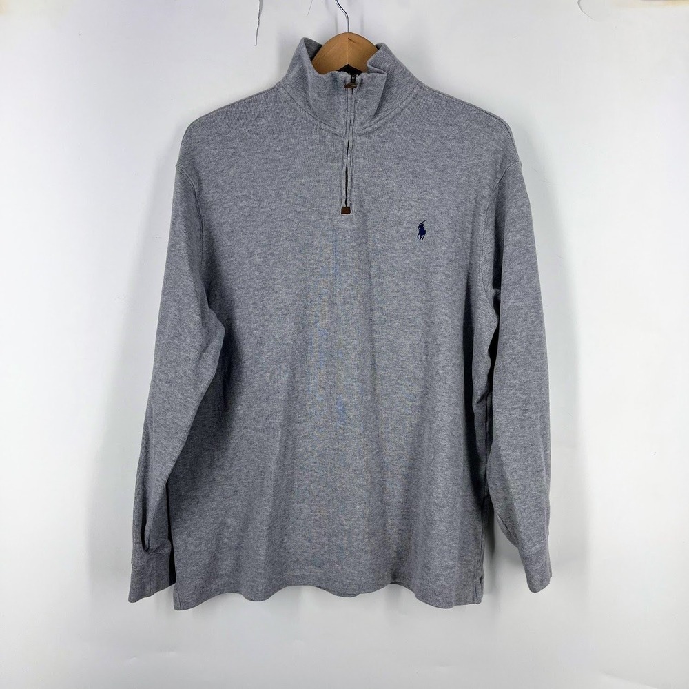 Polo Ralph Lauren Mens Large Gray Cotton Interlock Quarter Zip Pullover Sweater